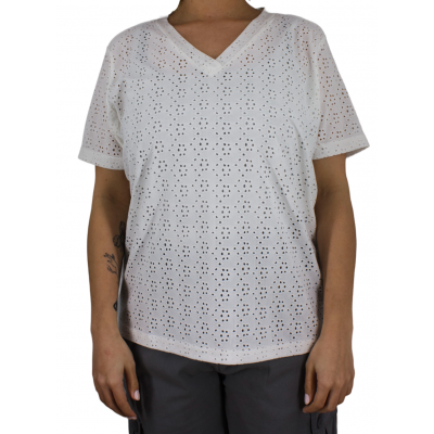 Top ajouré col V pour femme blanc