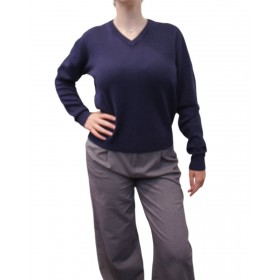 Pull femme col V uni Pull bleu marine pose