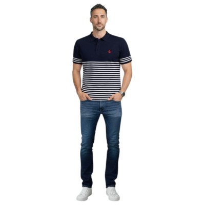 Polo Homme Manches Longues Rayé Style Marin