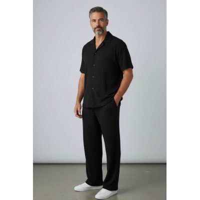 Ensemble Homme 100% Coton – Chemise Manches Courtes & Pantalon Fluide, Texture Gaufrée, Coupe Décontractée Premium