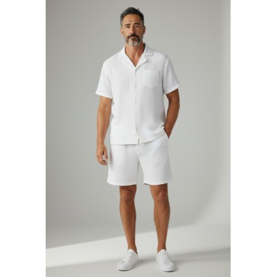 Camisa masculina e camisa de Bermuda Set - 100% algodão de exploração de verão, copo casual, estilos resort premium