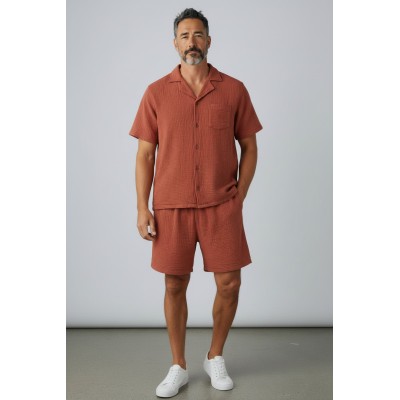 Camisa masculina e camisa de Bermuda Set - 100% algodão de exploração de verão, copo casual, estilos resort premium
