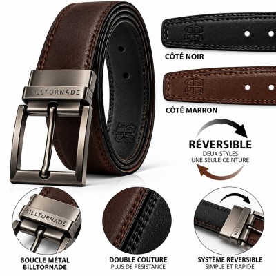 Cinturón de hombre reversible 100% de cuero genuino – Negro y marrón – Hebilla giratoria de metal – Elegante y resistente