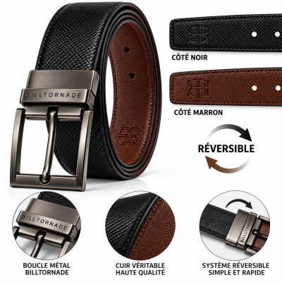 Cinturón de hombre reversible 100% de cuero genuino – Negro y marrón – Hebilla giratoria de metal – Elegante y resistente