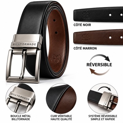 Reversible man belt 100% genuine leather – Black and brown – Swivel metal buckle – Elegant and resistant