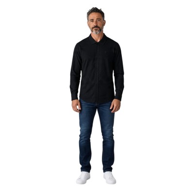 Chemise homme manches longues 100 % coton – Col polo, fermeture boutonnée et logo poitrine