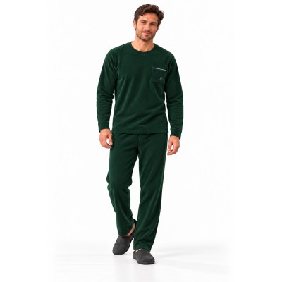 Pijama de lã dos homens – Conjunto de bolso bordado e contrastante de 2 peças