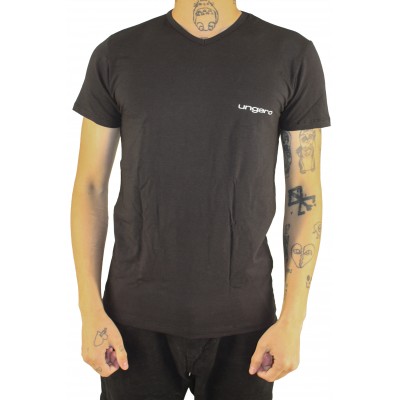Uni manga curta t-shirt v pescoço pequeno logotipo