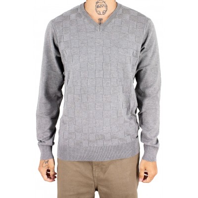 Pull col V uni effet damier