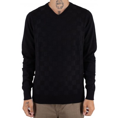 Pull col V uni effet damier